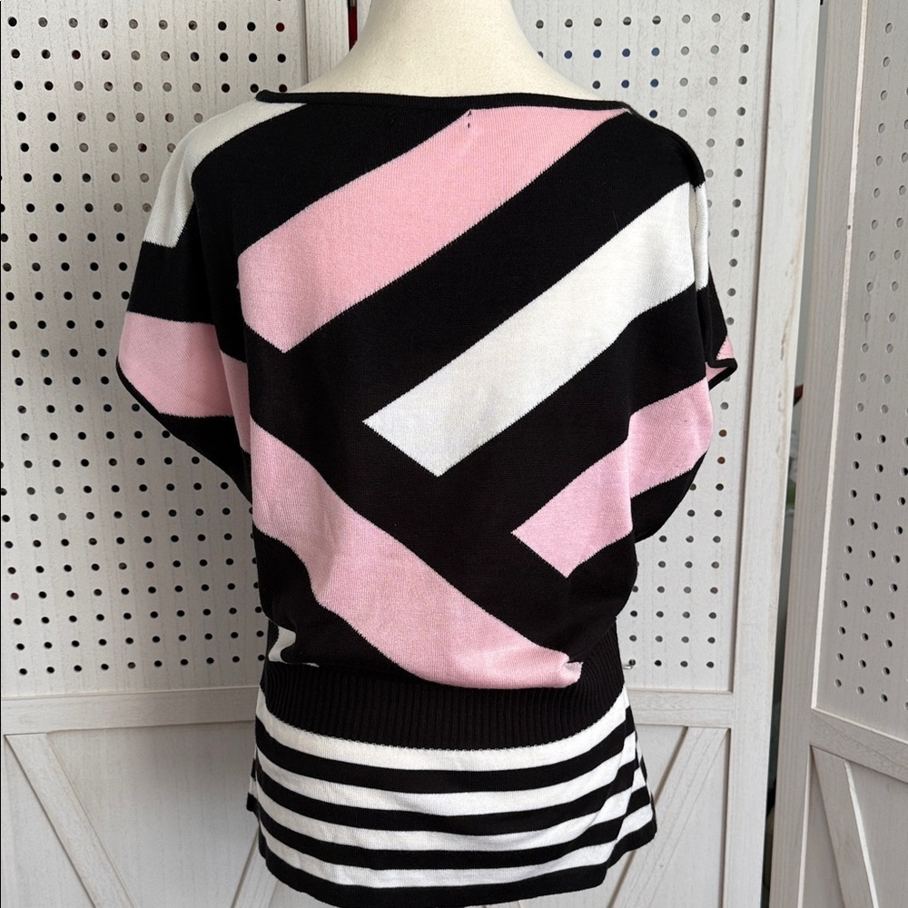 Pink Black Colorblock Stripe Knit Sweater Top Dolman Boatneck Soft Chic Medium - Picture 7 of 7
